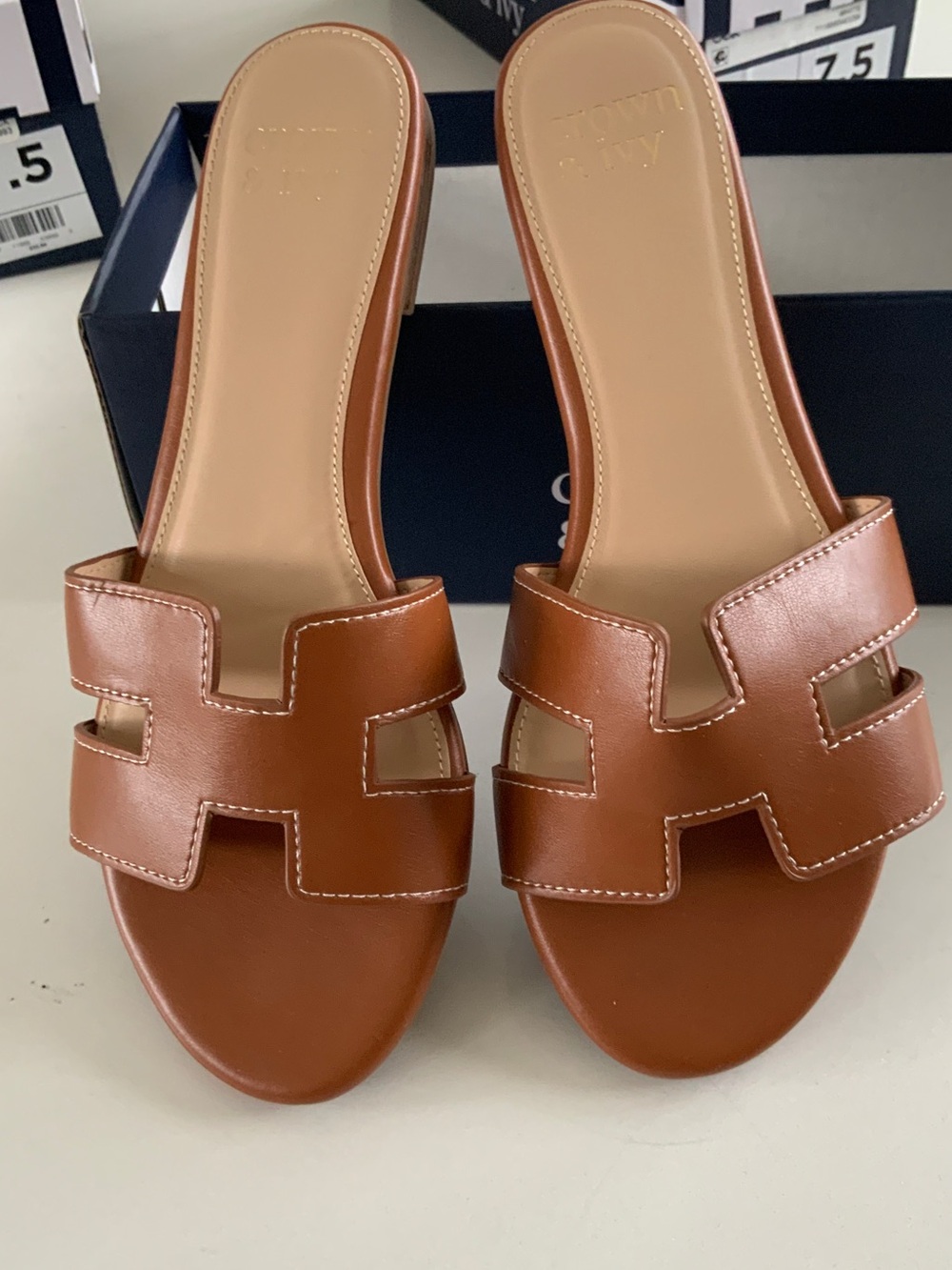 crown & ivy Tan Leather Slide Mules